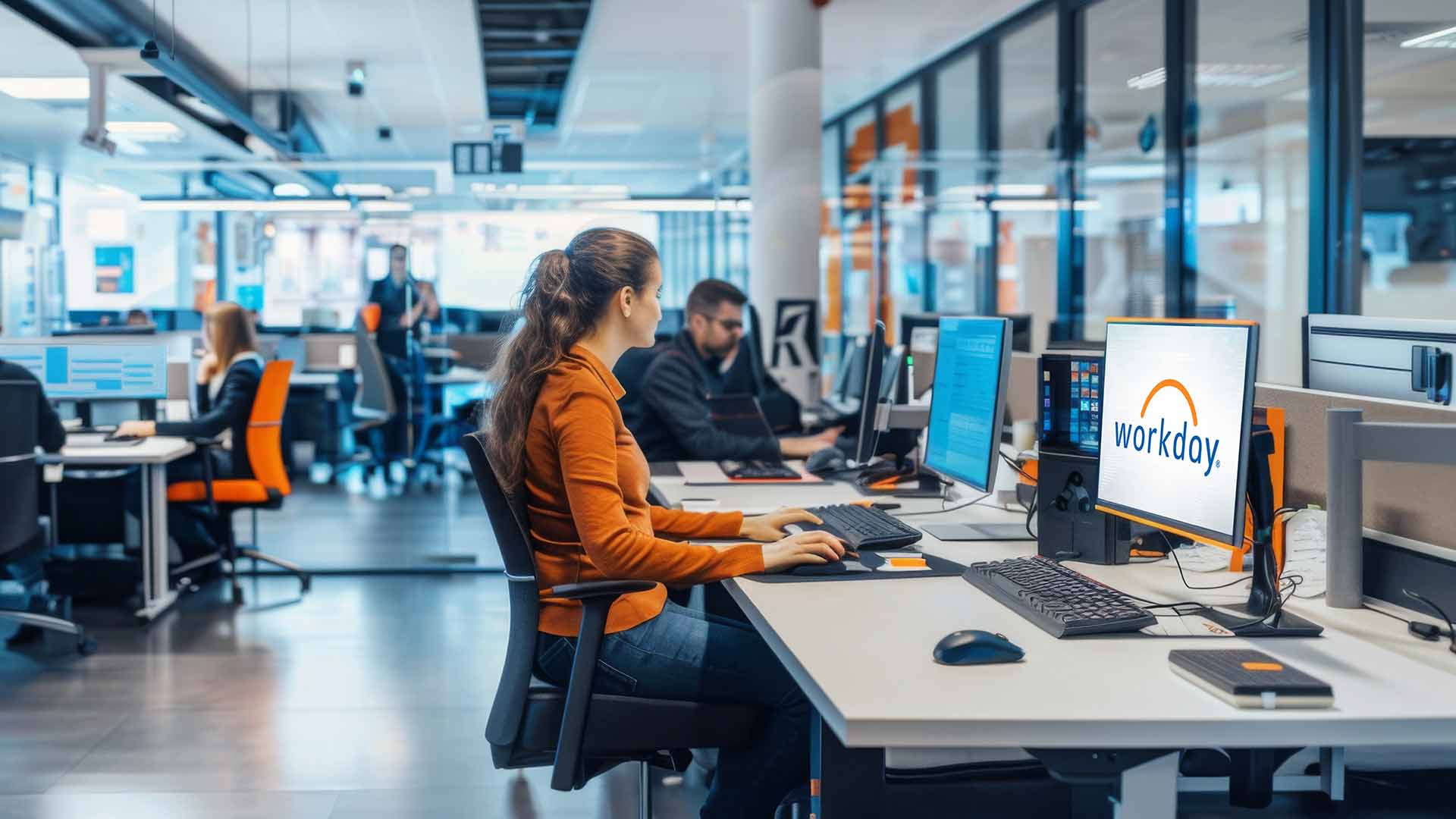 Woman Working at a Computer in an Open Office woman working with Workday